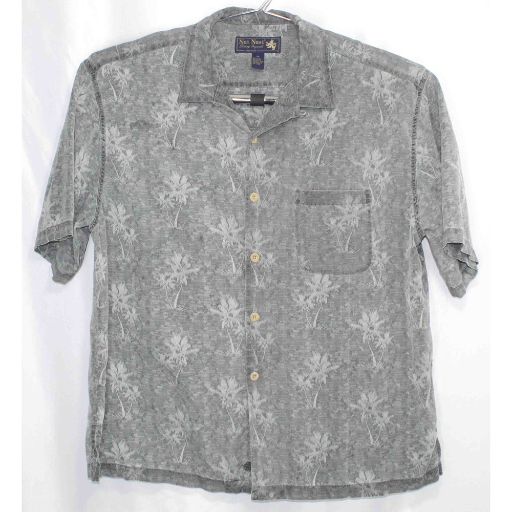 Nat Nast Gray Palm Tree Floral Silk S/S Camp Shirt Size Mens Size XL‎